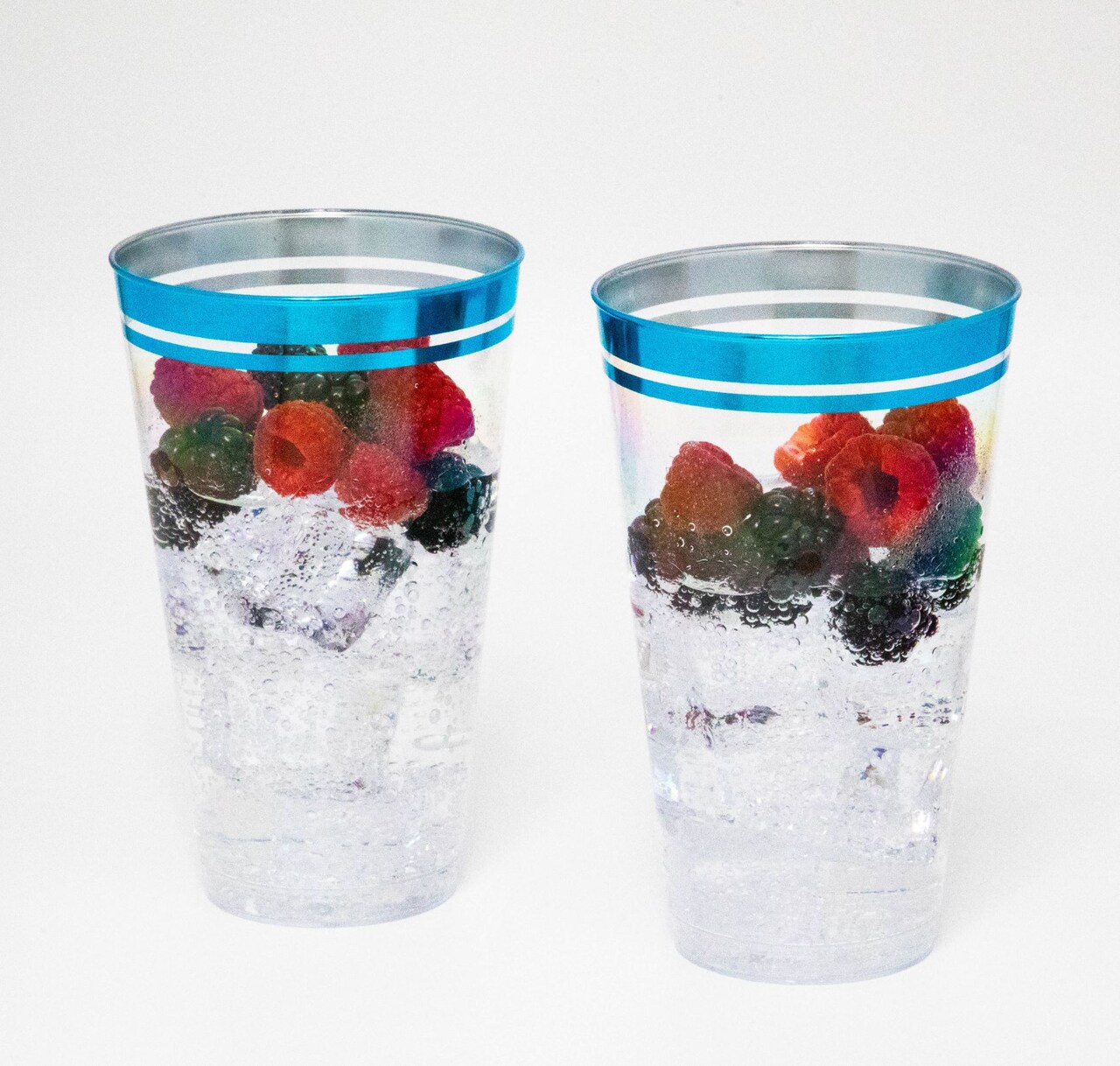 100 Pk 16 oz Clear Plastic Cups, Aqua Blue Rimmed Disposable Cups